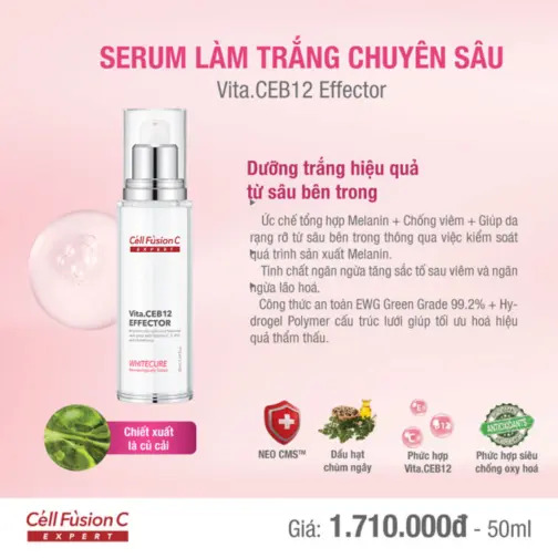 Tinh chất dưỡng làm trắng da, trị sạm nám, đốm nâu, tàn nhang, da không đều màu 50ml - Cell Fusion C Expert Vita.CEB12 EFFECTOR WhiteCure (Hàn Quốc)